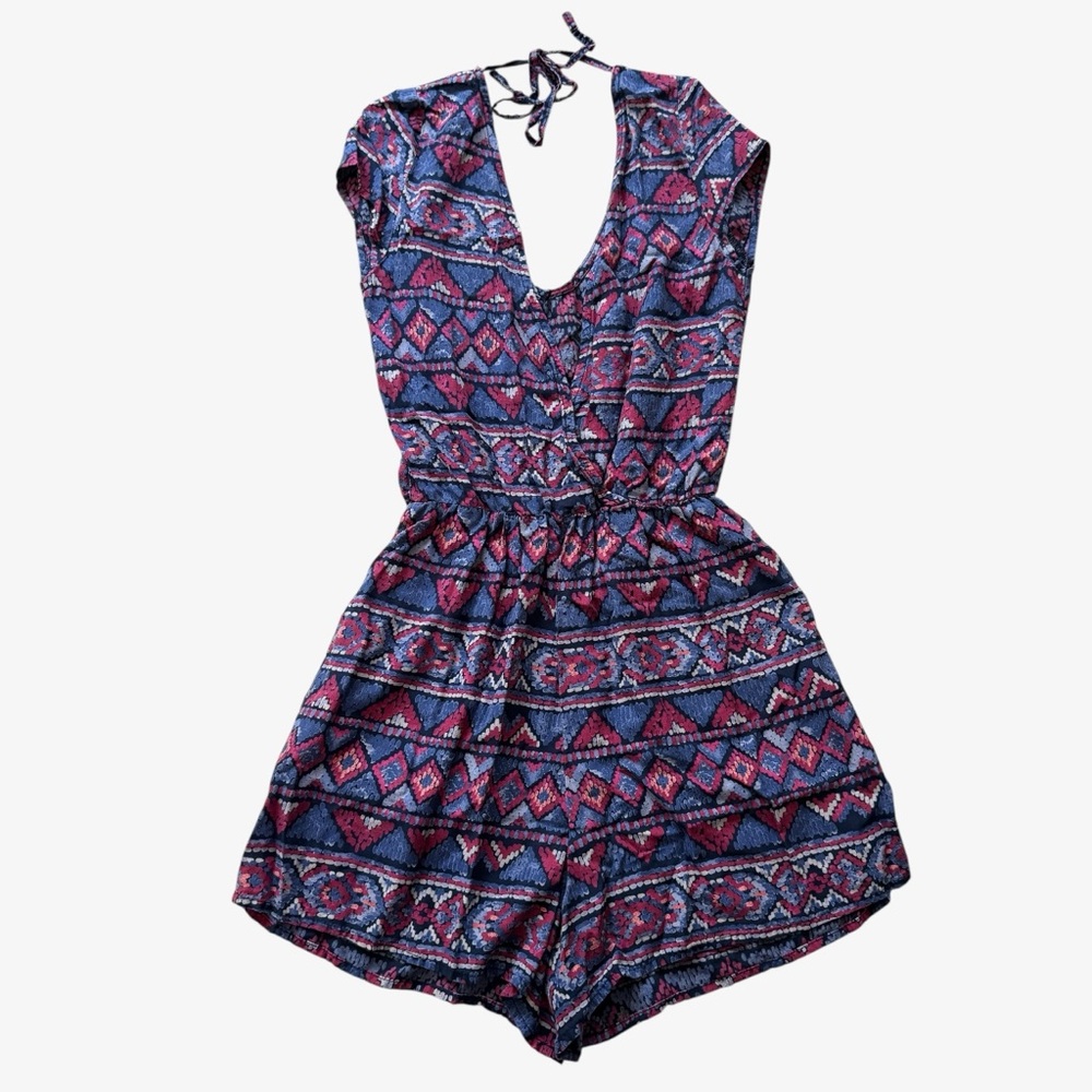 Hollister Women’s Boho Print V-Neck Short Sleeve Romper, Blue Purple Size XS